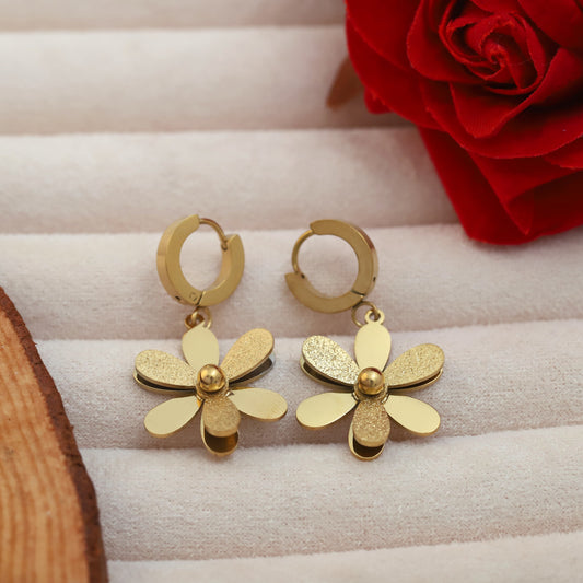 Korean Gold Plated Flower Huggie Hoop Hanging Earrings - ZIPPORY