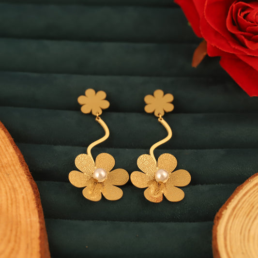 Korean Style Golden Flower With Pearl Dangle Earrings - ZIPPORY