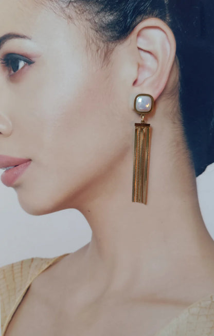 Long Tassel Gold Plated Pearl Stud Earrings - ZIPPORY