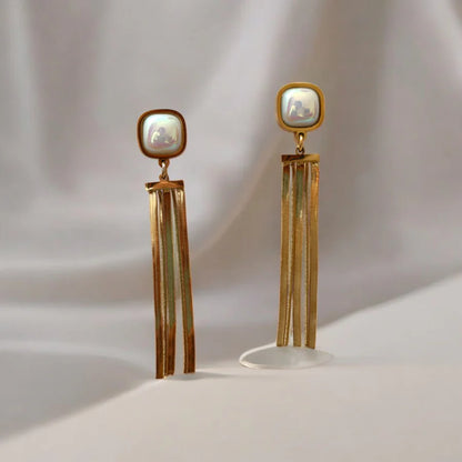 Long Tassel Gold Plated Pearl Stud Earrings - ZIPPORY