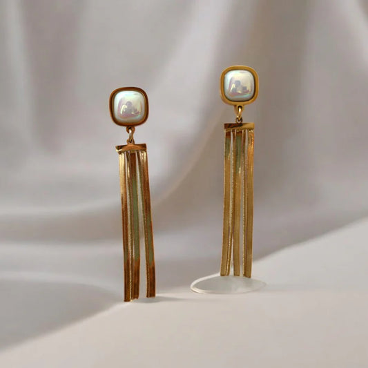 Long Tassel Gold Plated Pearl Stud Earrings - ZIPPORY