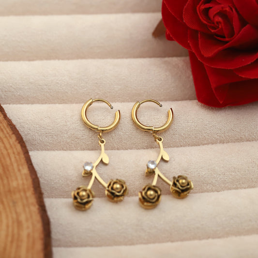 Rose Flower Stone Hoop Dangle Earrings - ZIPPORY
