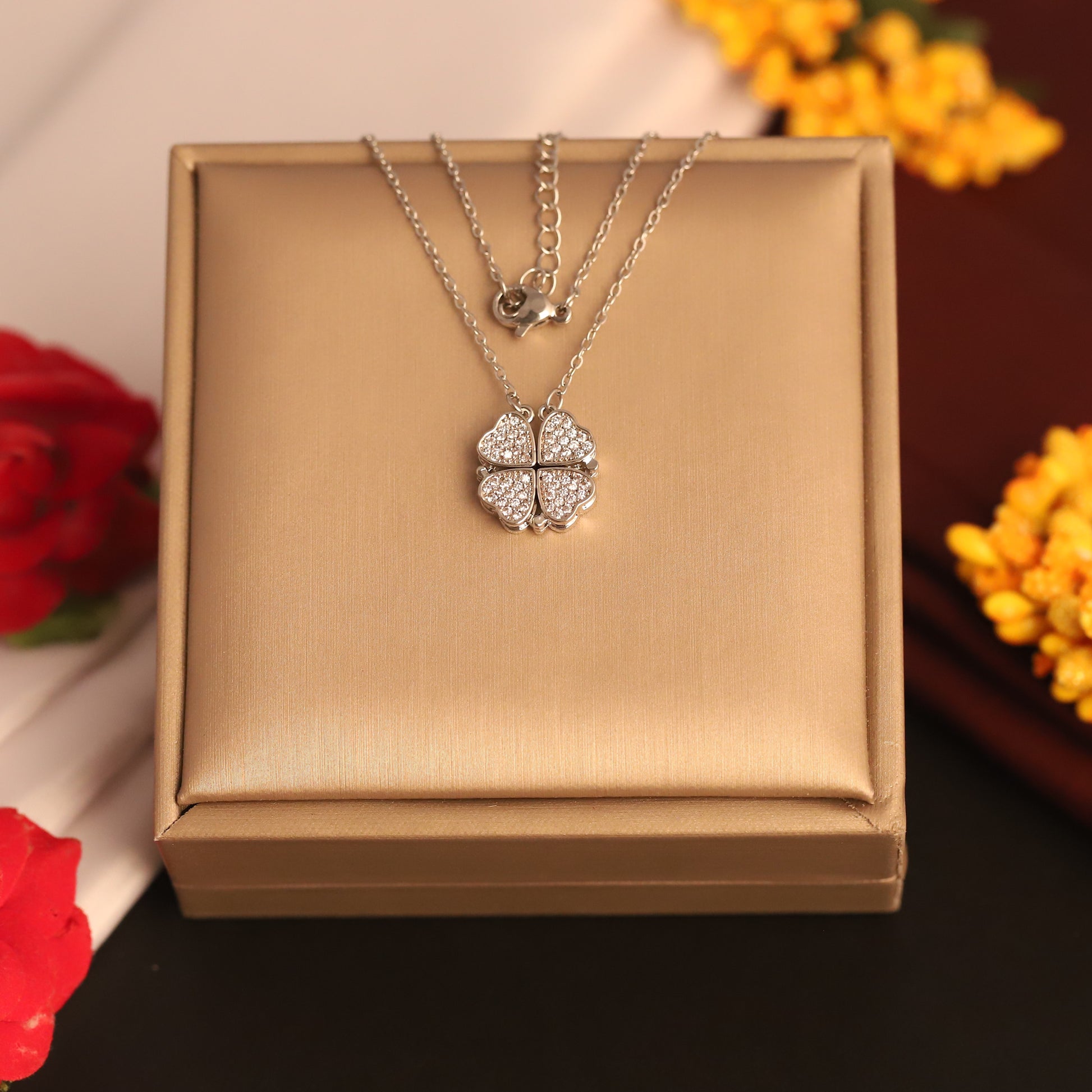 Sparkling Silver Plated Four Heart Pendant Necklace - ZIPPORY