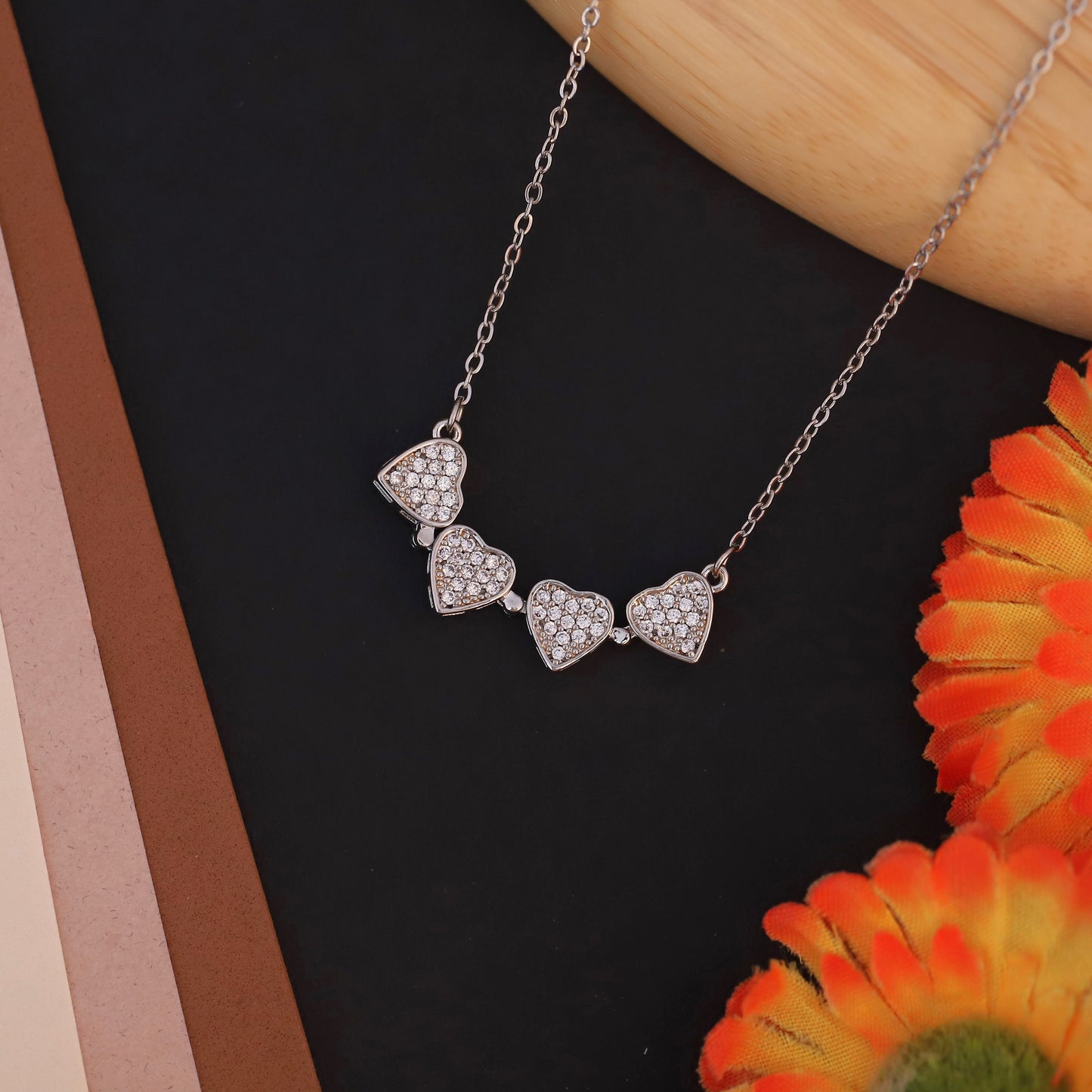 Sparkling Silver Plated Four Heart Pendant Necklace - ZIPPORY
